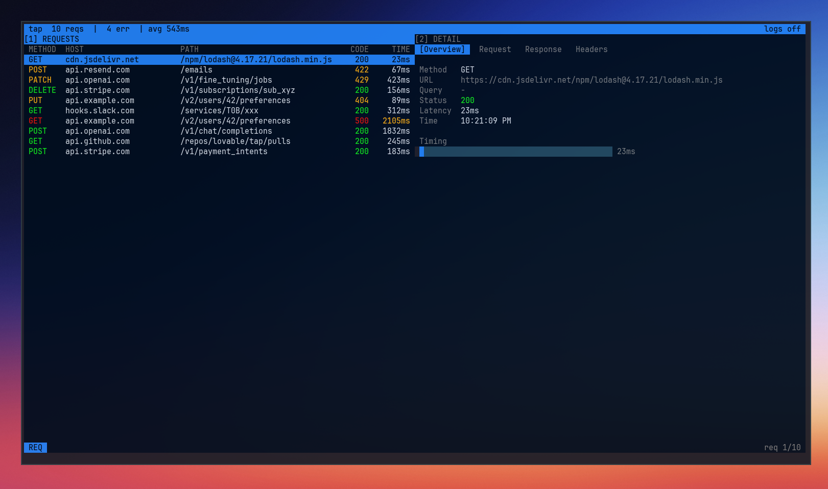 Termtap demo screenshot.